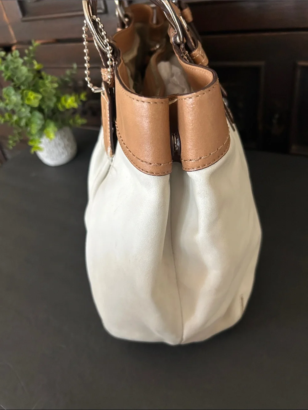 Coach Cream Canvas Shoulder Bag with Tan Leather Trim